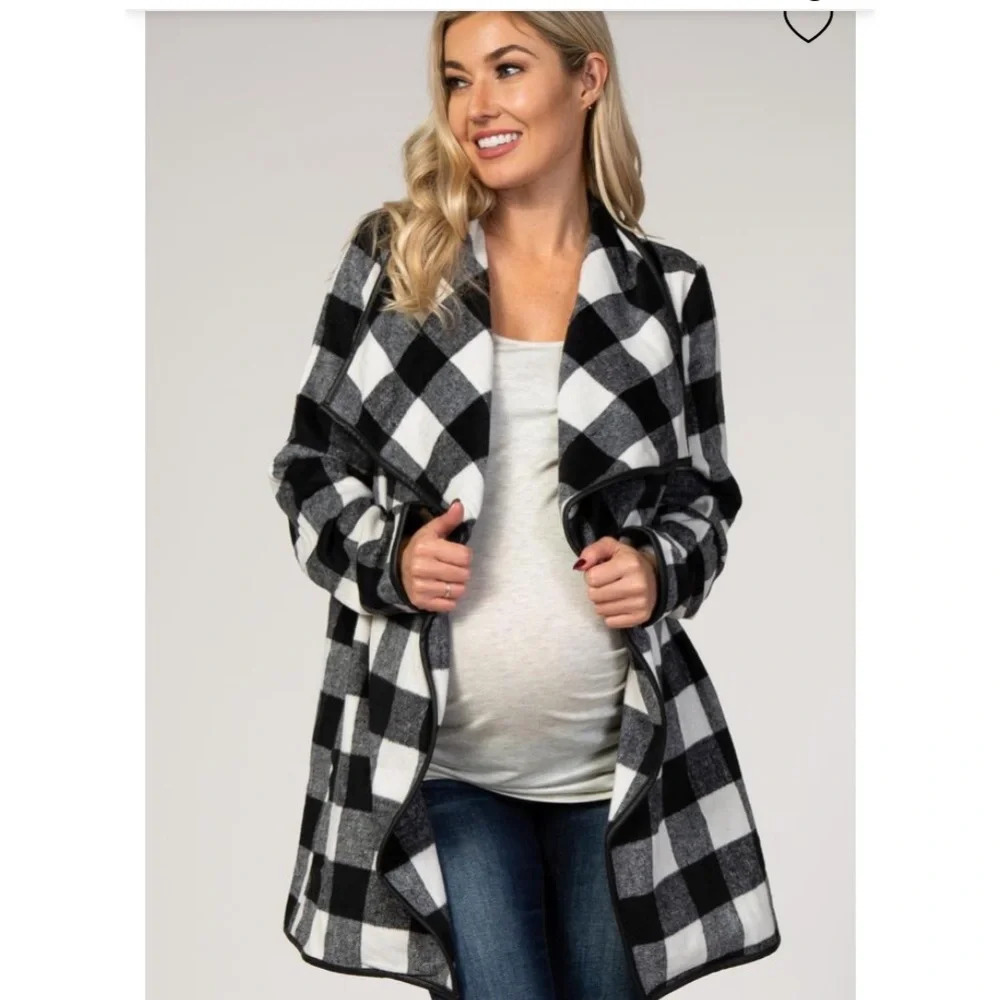 New Pinkblush Plaid Faux Leather Trim Draped Jkt